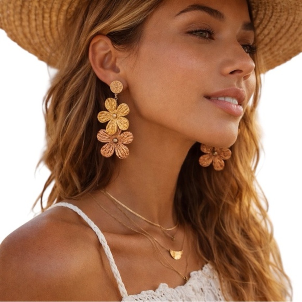Boho Raffia Flower Drop Earrings Resort Vacation Woven Floral Statement NWT - Picture 1 of 2
